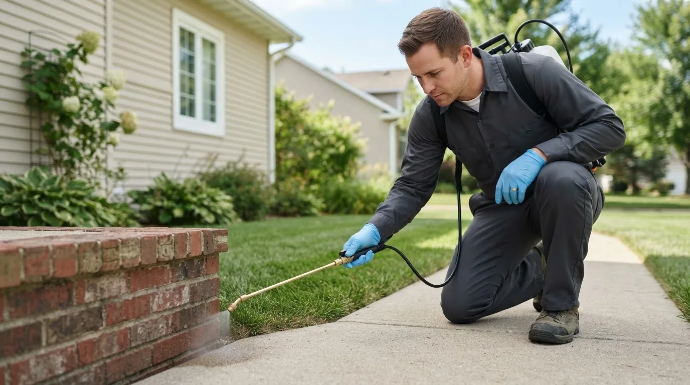 Pest control technician treating a home near Amlin, OH