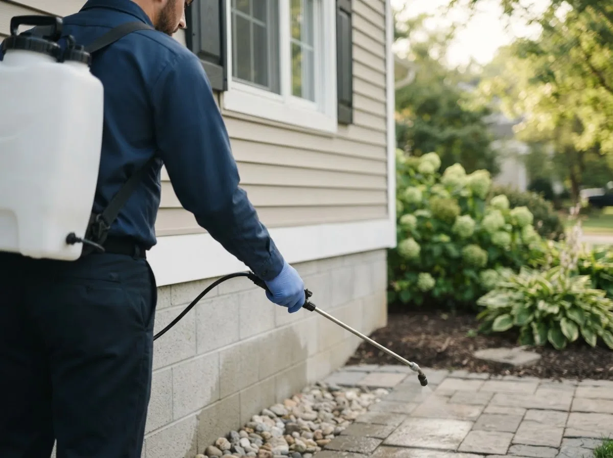 Pest control technician inspecting a home in Amlin, OH